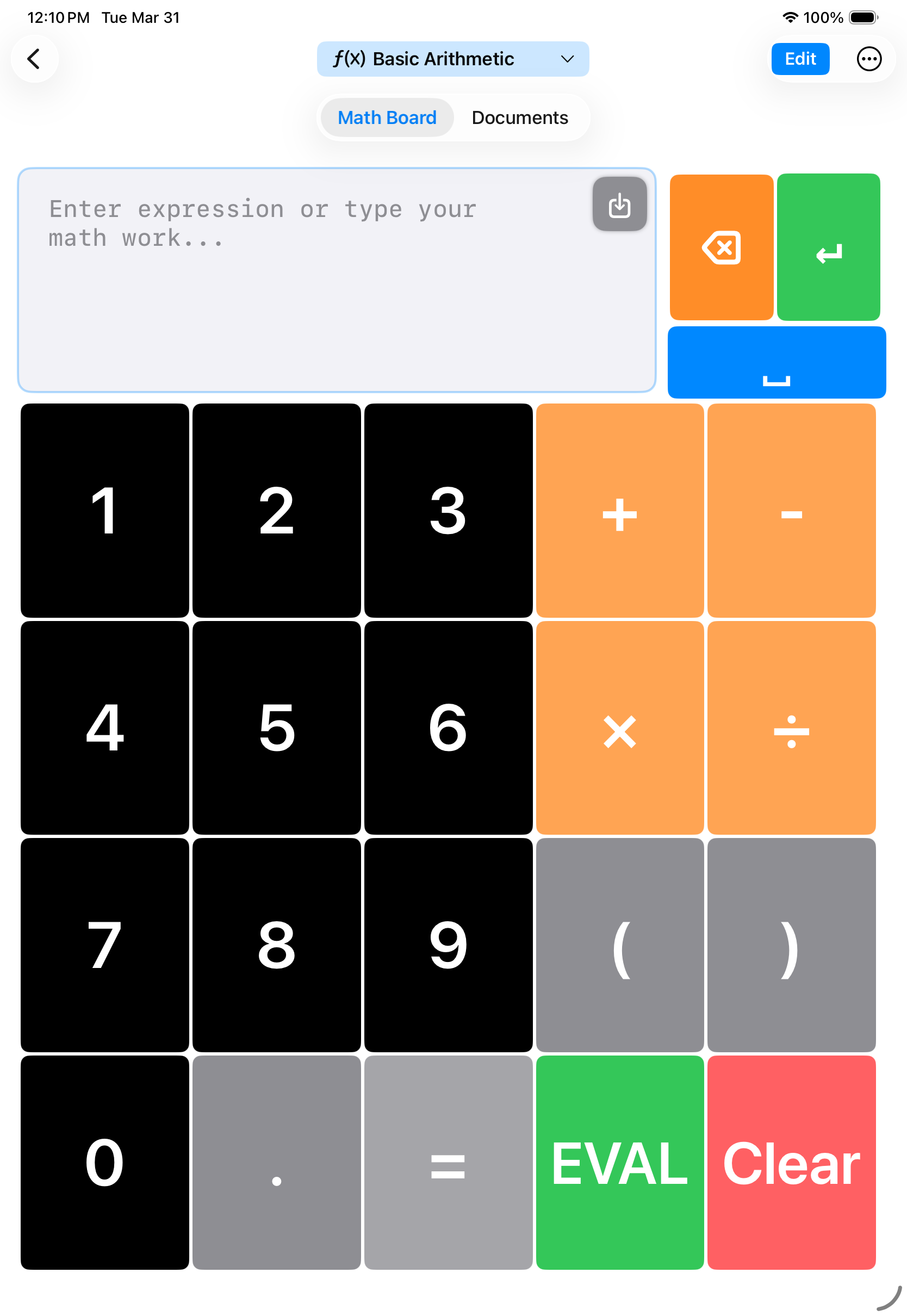 Math board showing basic arithmetic mode