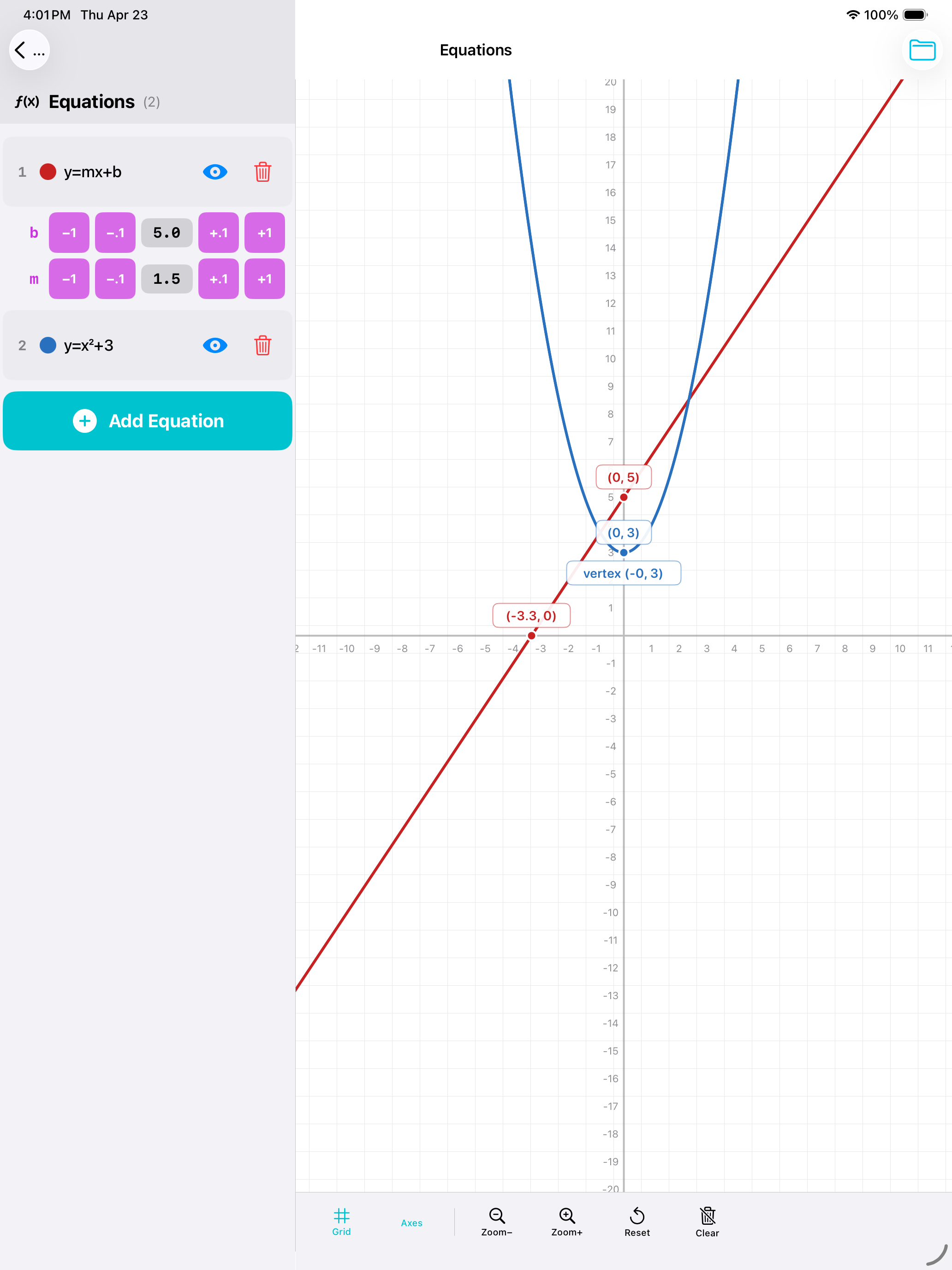 Graphing view with linear and quadratic equations plotted and adjustable coefficients