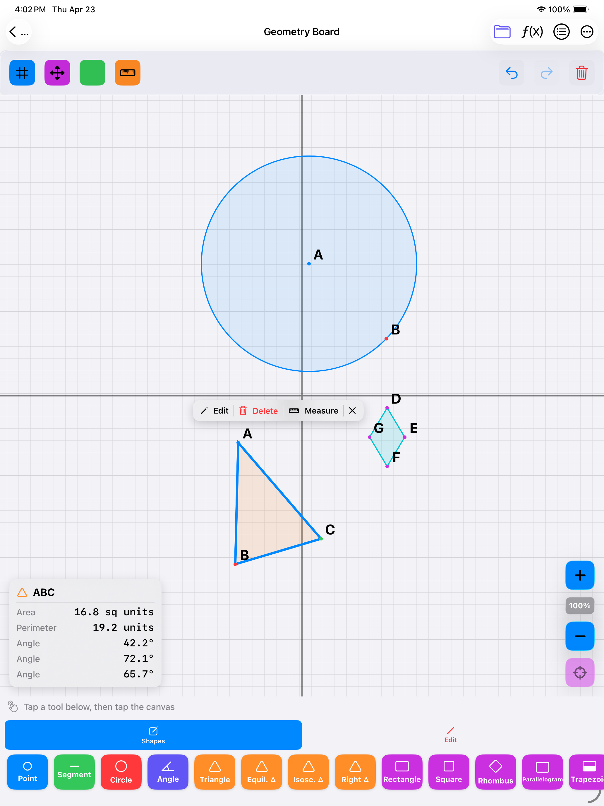 Geometry board with a circle, triangle, and parallelogram drawn on a coordinate plane with measurements
