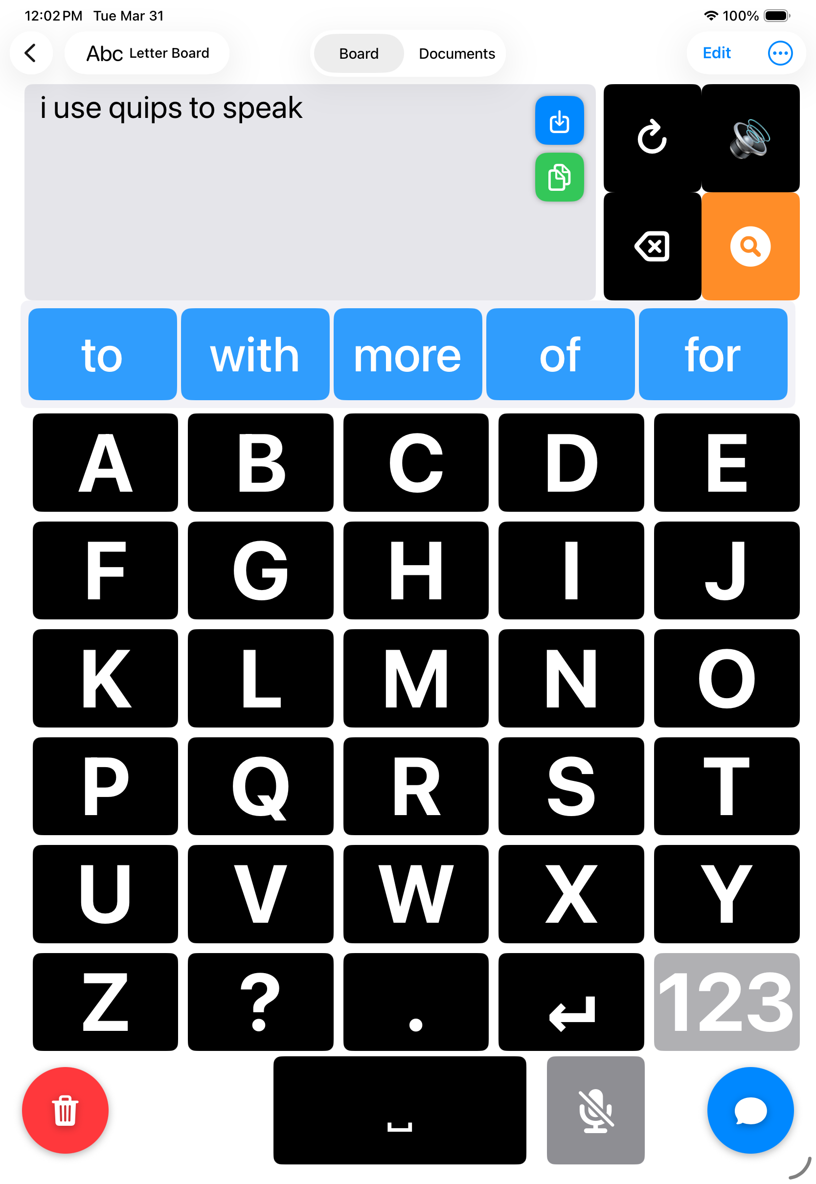 RPM letter board showing A-Z grid with word suggestions