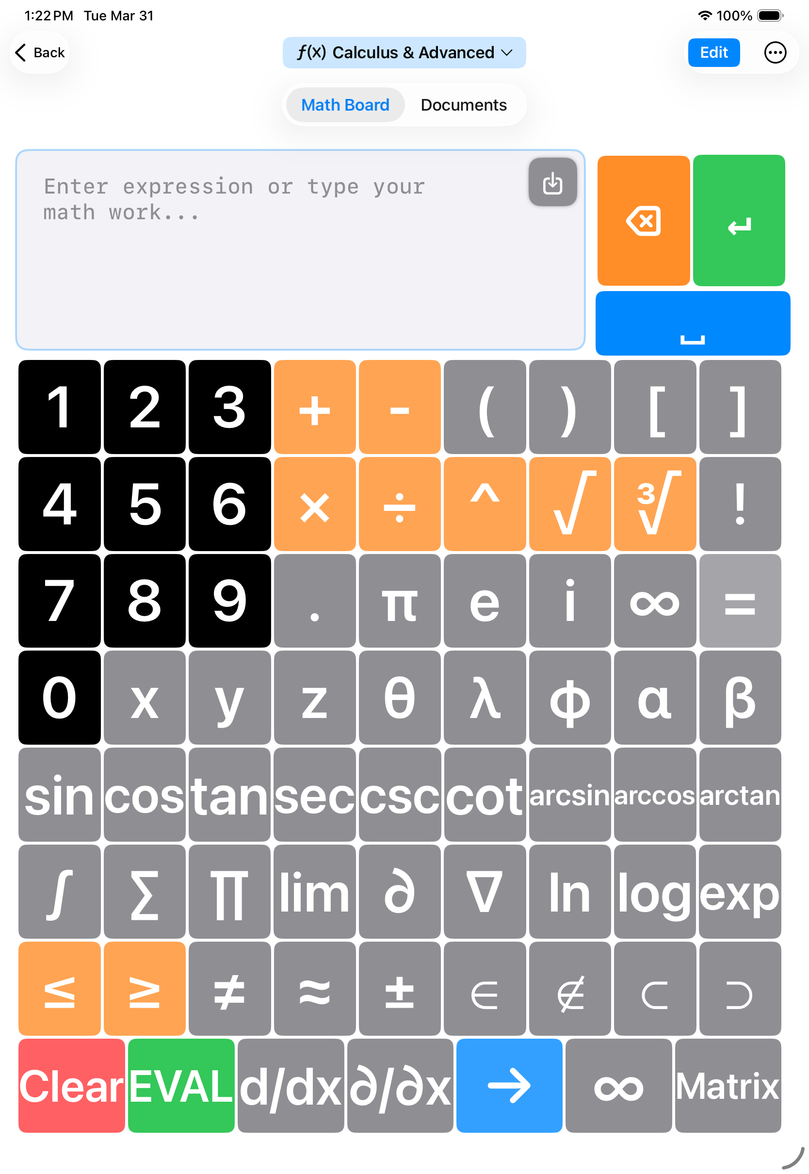 Math board showing calculus mode with integrals, derivatives, and advanced functions