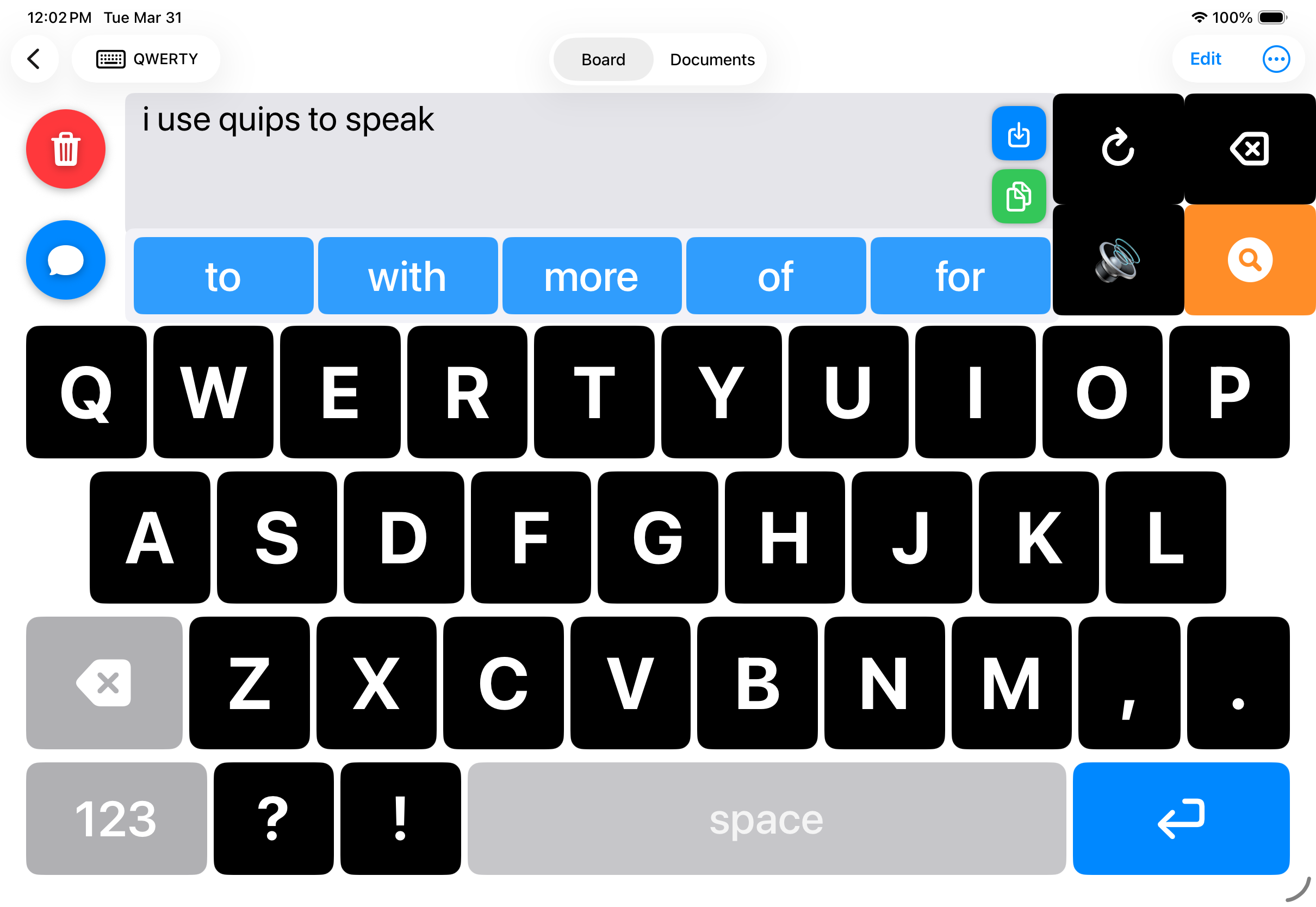 QWERTY keyboard with AI word predictions shown in blue bar